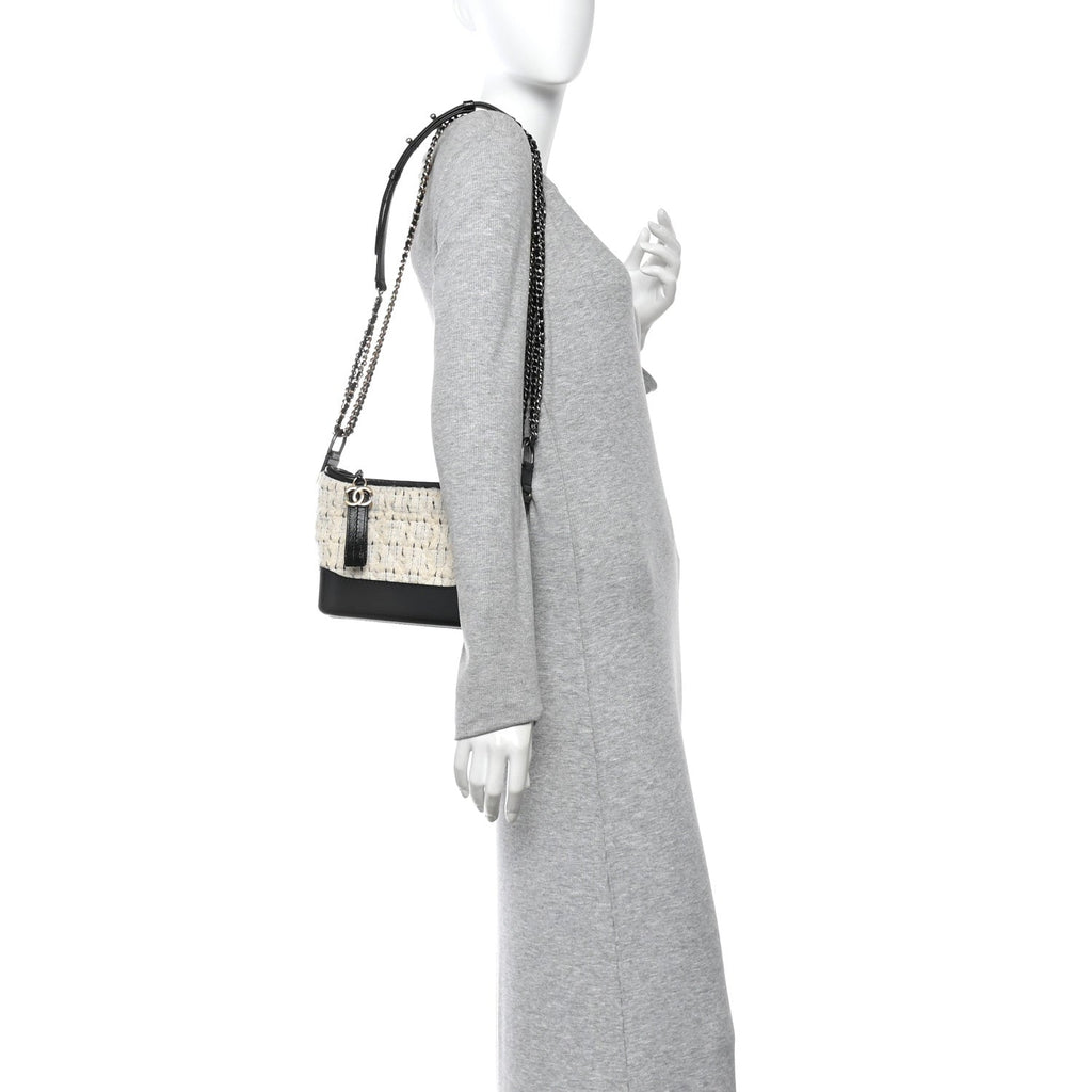 Tweed Calfskin Quilted Small Gabrielle Hobo Ivory Black