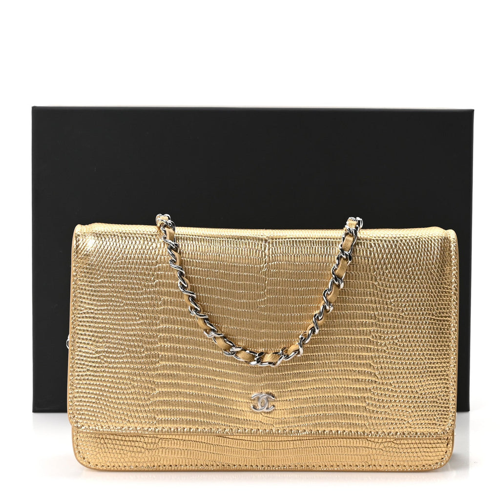 Calfskin Lizard Embossed Wallet On Chain WOC Gold