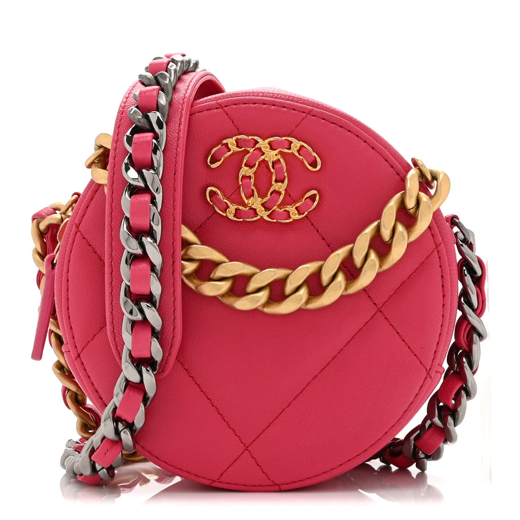 Lambskin Quilted Chanel 19 Round Clutch With Chain Pink