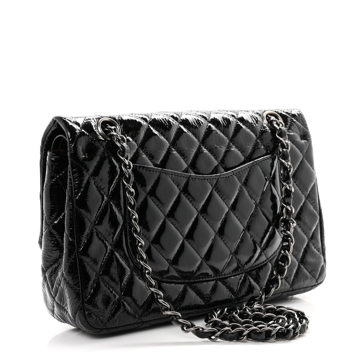 Crumpled Patent Quilted Medium Double Flap Black