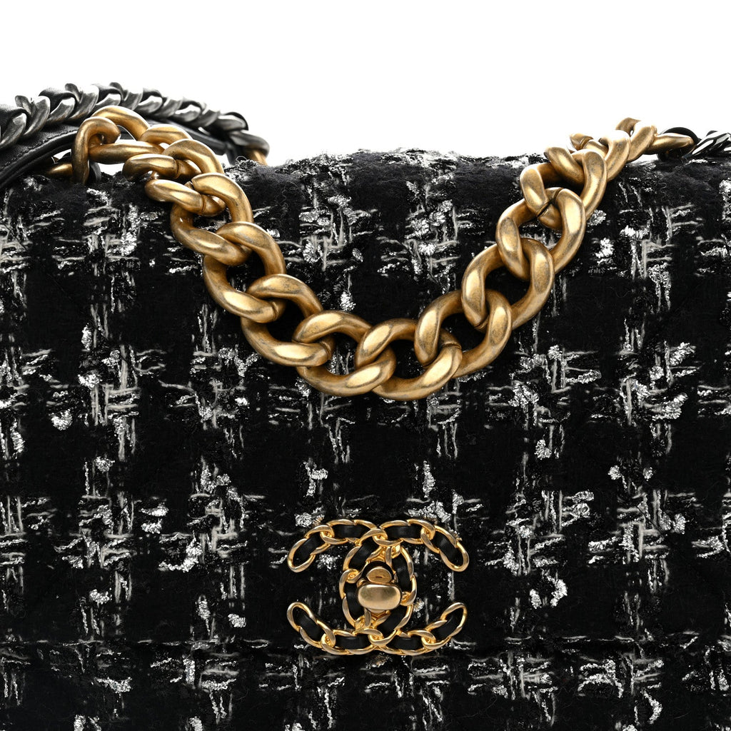 Tweed Quilted Large Chanel 19 Flap Black Silver Ecru