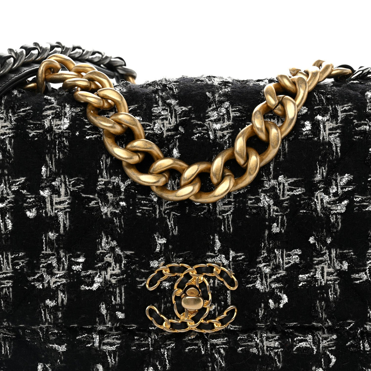 Tweed Quilted Large Chanel 19 Flap Black Silver Ecru
