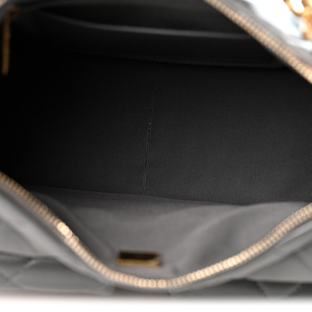 Shiny Lambskin Quilted Trendy Pockets Hobo Dark Grey