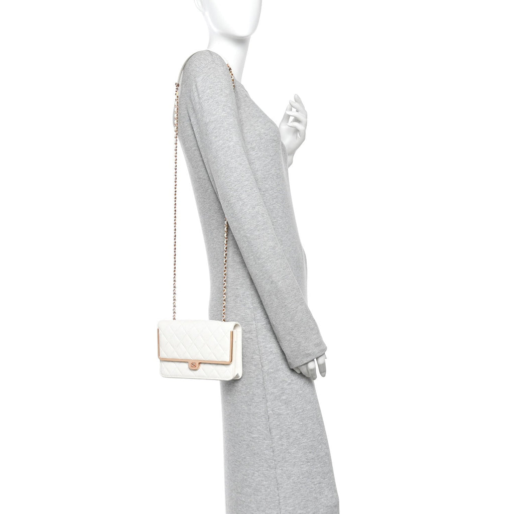 Lambskin Quilted Frame Wallet On Chain WOC White
