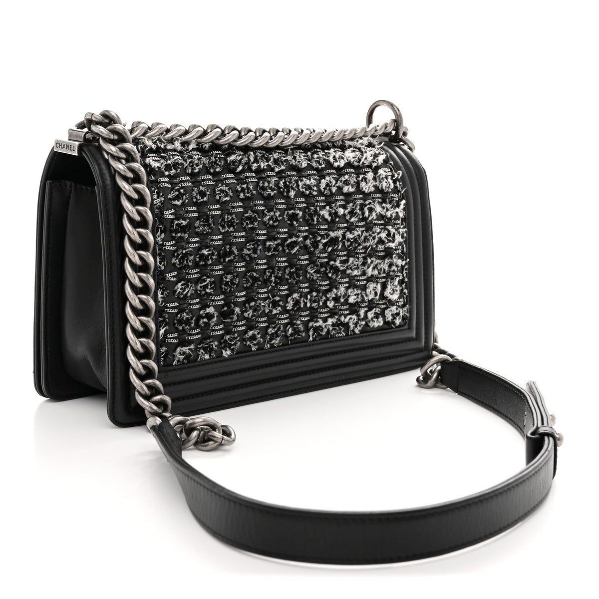 Tweed Calfskin Medium Boy Flap Black White