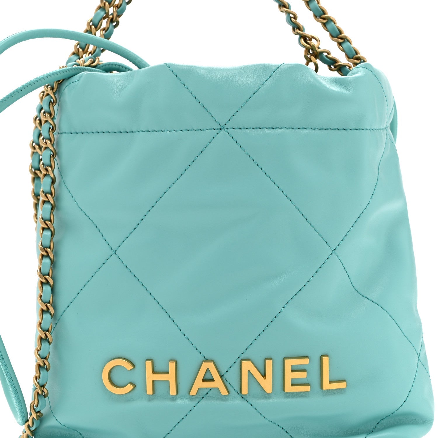 Shiny Calfskin Quilted Mini Chanel 22 Turquoise