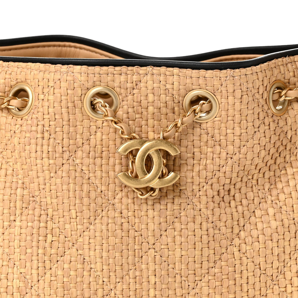 Braided Raffia Calfskin Quilted Mini Chanel 25 Handbag Beige Black