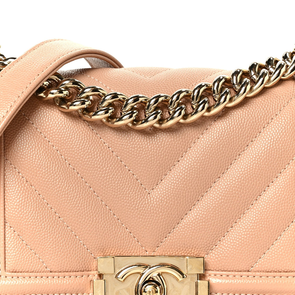 Caviar Chevron Quilted Small Boy Flap Dark Beige