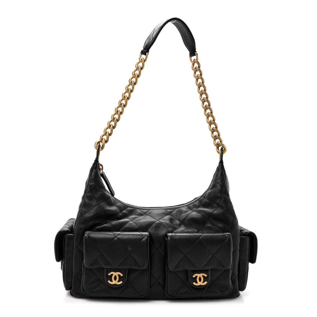 Shiny Lambskin Quilted Trendy Pockets Hobo Black Black