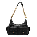 Shiny Lambskin Quilted Trendy Pockets Hobo Black Black