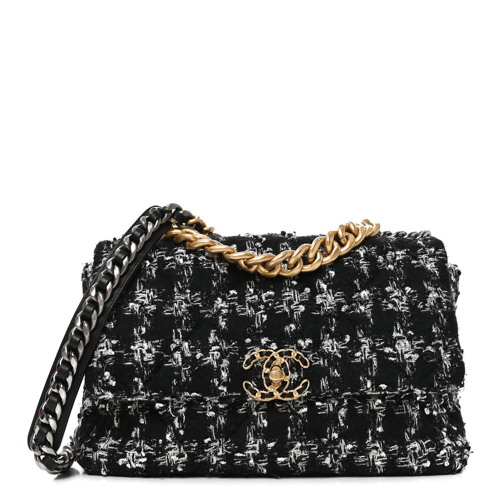 Tweed Quilted Large Chanel 19 Flap Black Silver Ecru