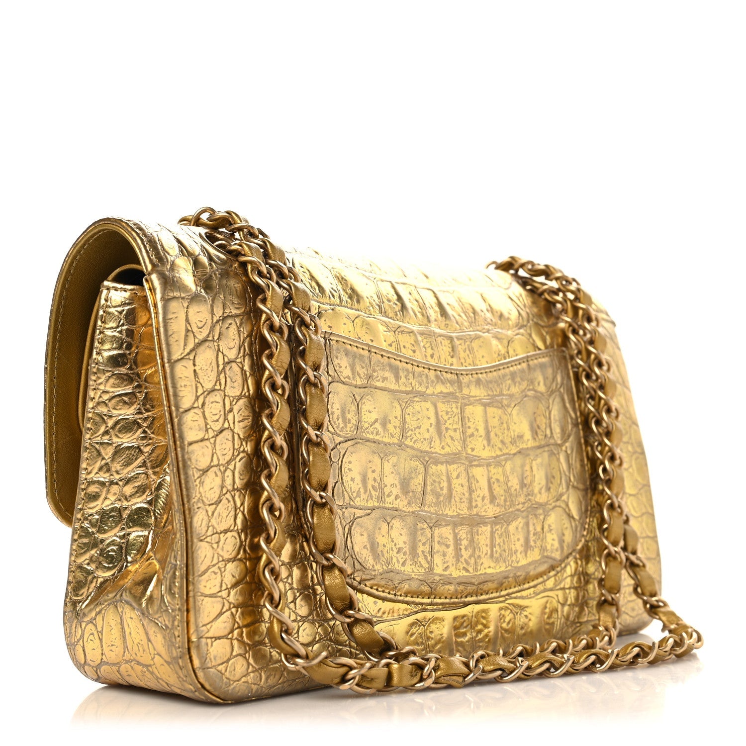 Metallic Calfskin Crocodile Embossed Cocodile Medium Double Flap Gold