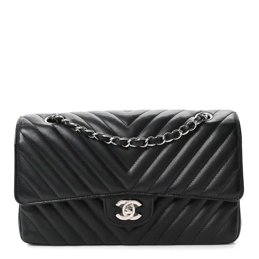 Caviar Chevron Quilted Medium Double Flap Black