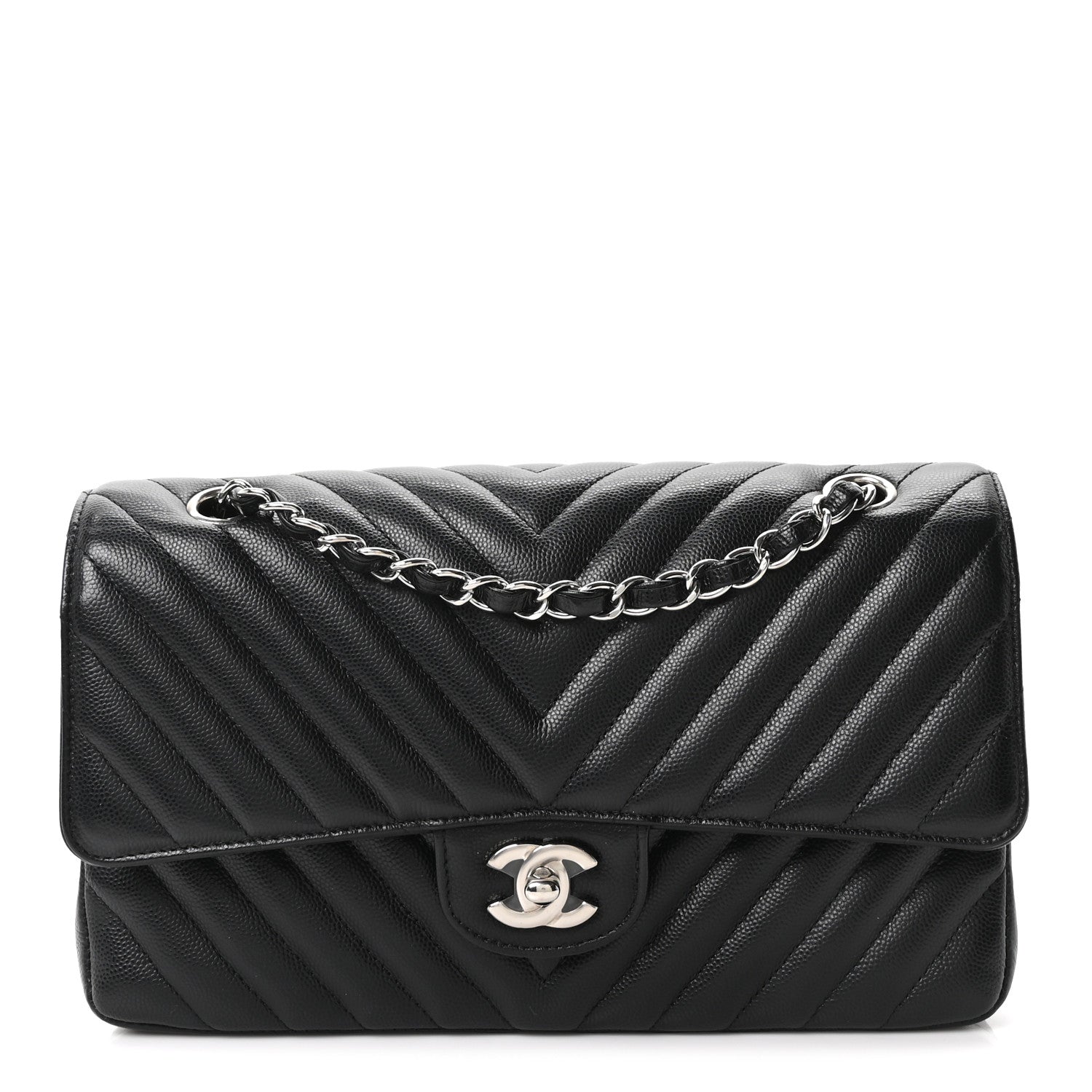 Caviar Chevron Quilted Medium Double Flap Black