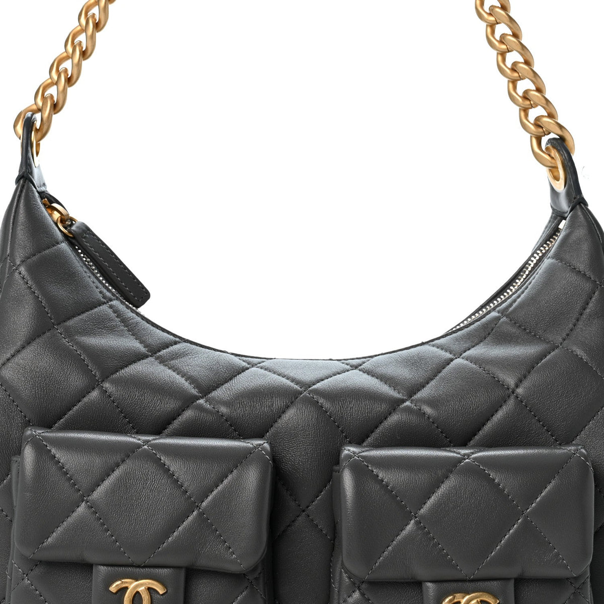 Shiny Lambskin Quilted Trendy Pockets Hobo Dark Grey