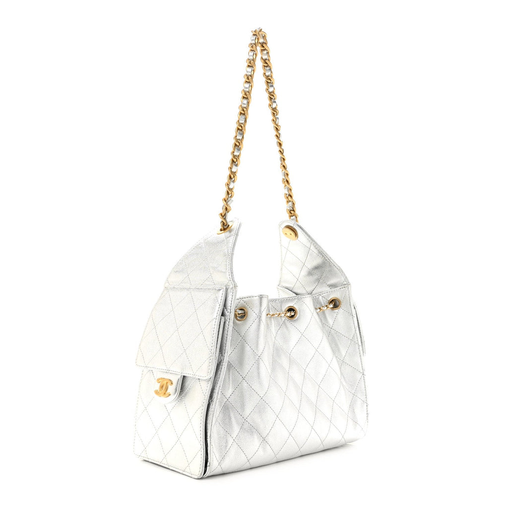 Metallic Caviar Quilted Small Chanel 25 Handbag Silver