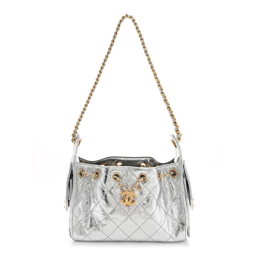 Metallic Aged Calfskin Quilted Mini Chanel 25 Handbag Silver