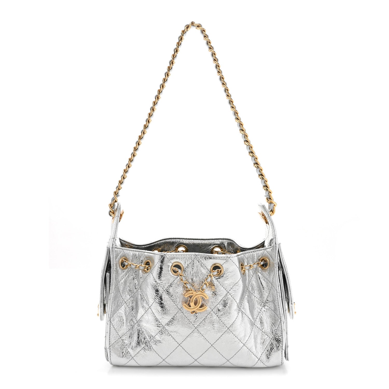 Metallic Aged Calfskin Quilted Mini Chanel 25 Handbag Silver