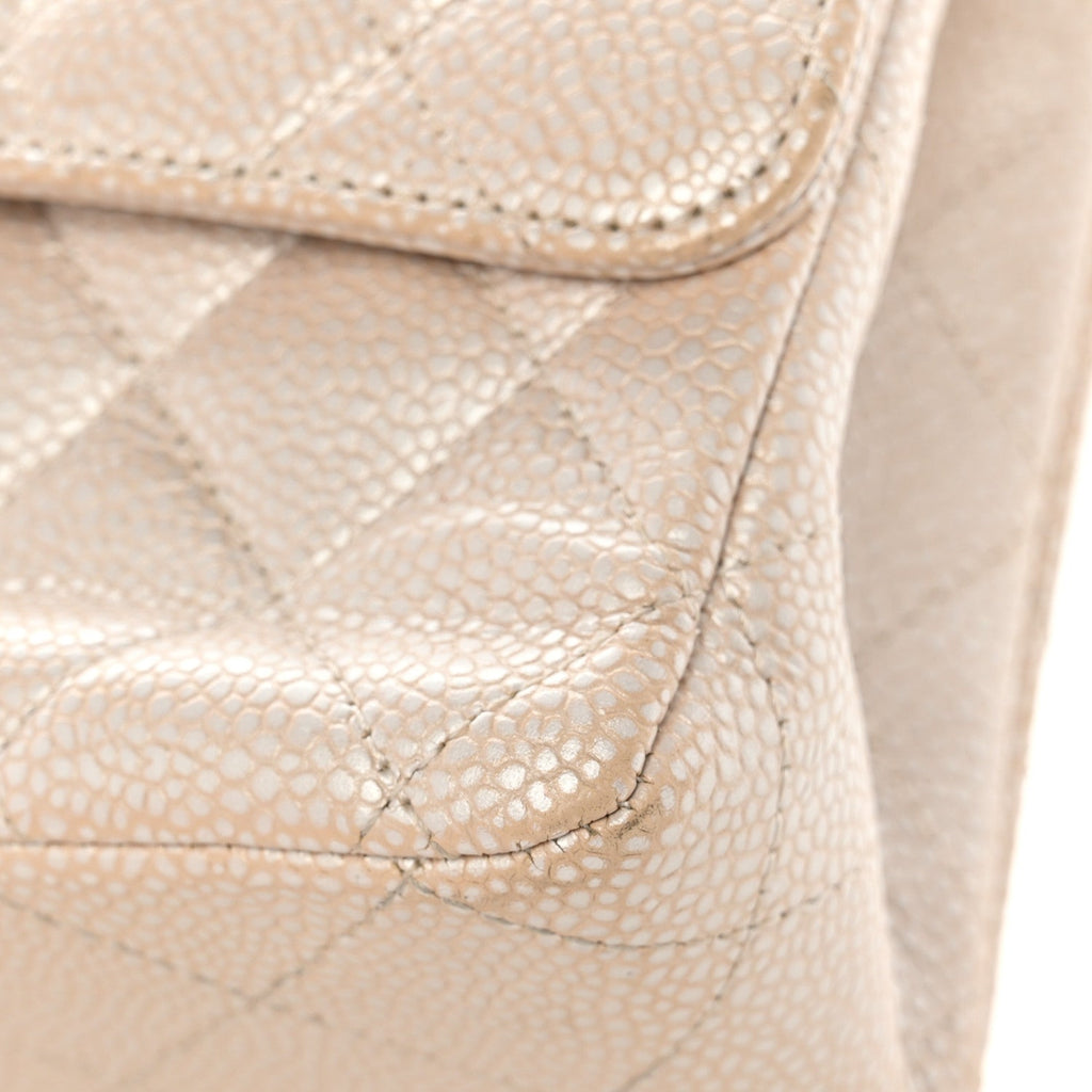 Pearly Caviar Quilted Medium Double Flap Light Beige