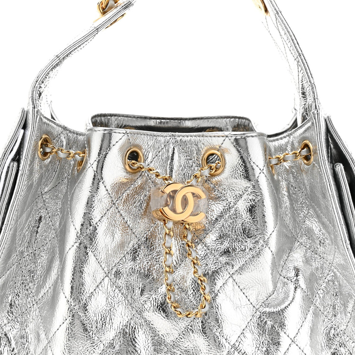 Metallic Crumpled Calfskin Quilted Small Chanel 25 Handbag Silvery