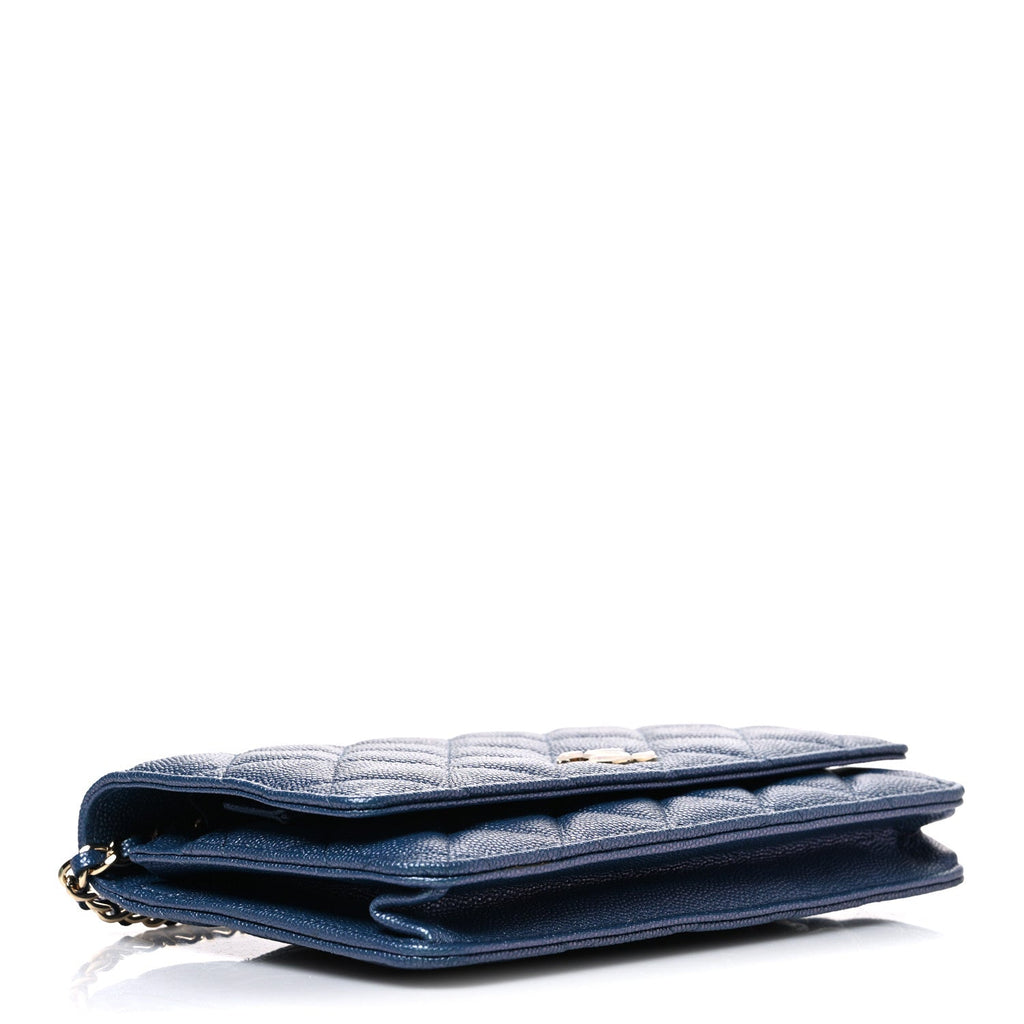 Iridescent Caviar Quilted Wallet on Chain WOC Dark Blue