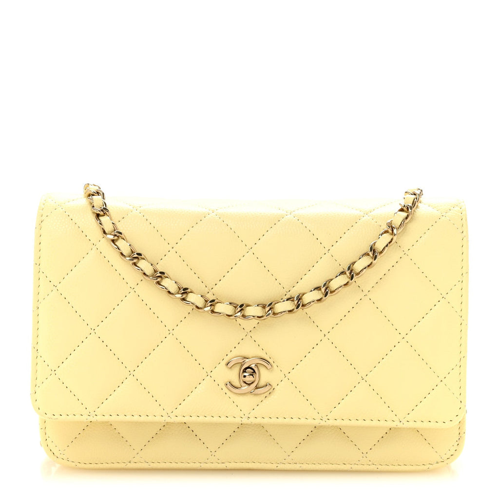 Caviar Quilted CC Turn Lock Wallet On Chain WOC Light Yellow