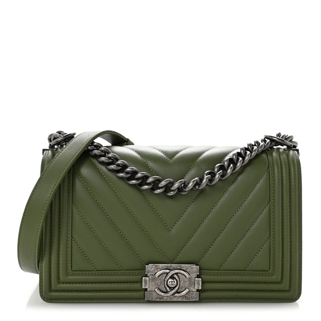 Calfskin Chevron Quilted Medium Boy Flap Dark Green