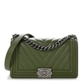 Calfskin Chevron Quilted Medium Boy Flap Dark Green