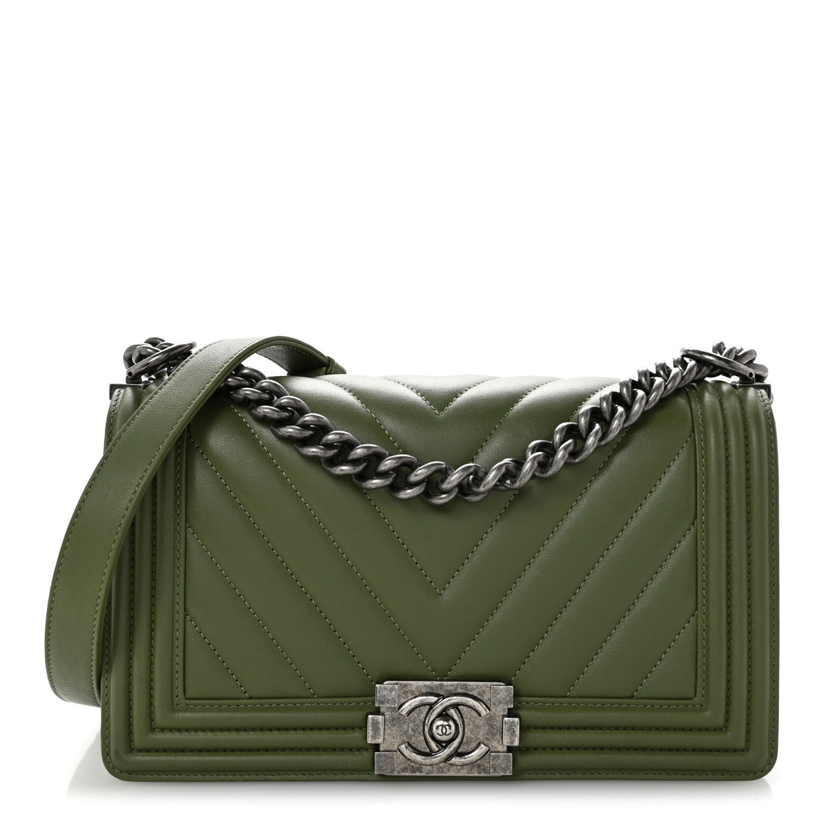 Calfskin Chevron Quilted Medium Boy Flap Dark Green