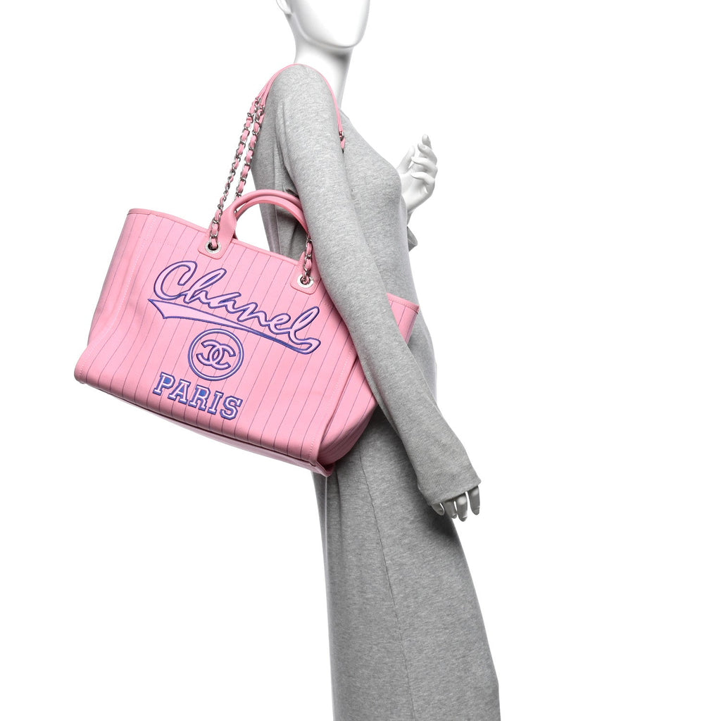 Canvas Calfskin Striped Large Deauville Tote Pink Blue