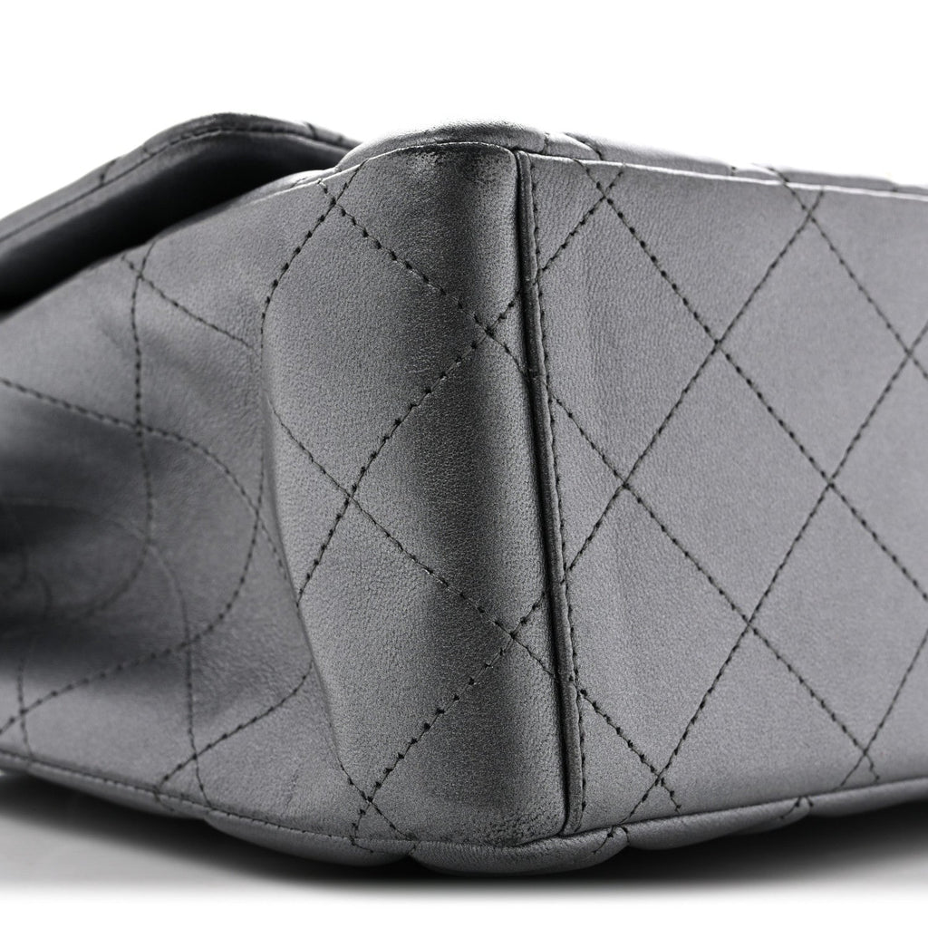 Metallic Lambskin Quilted Maxi Double Flap Pewter