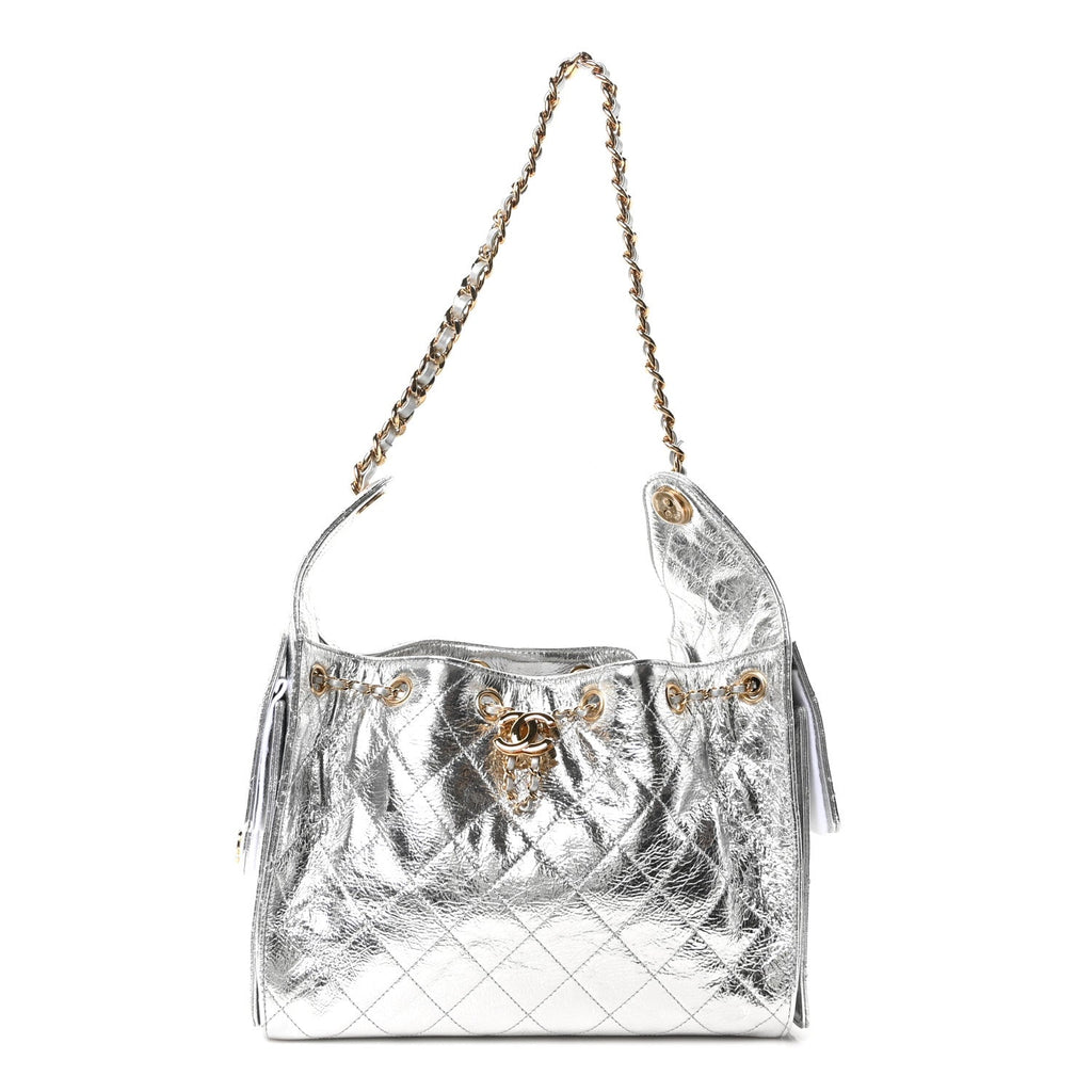 Metallic Aged Calfskin Quilted Small Chanel 25 Handbag Silver
