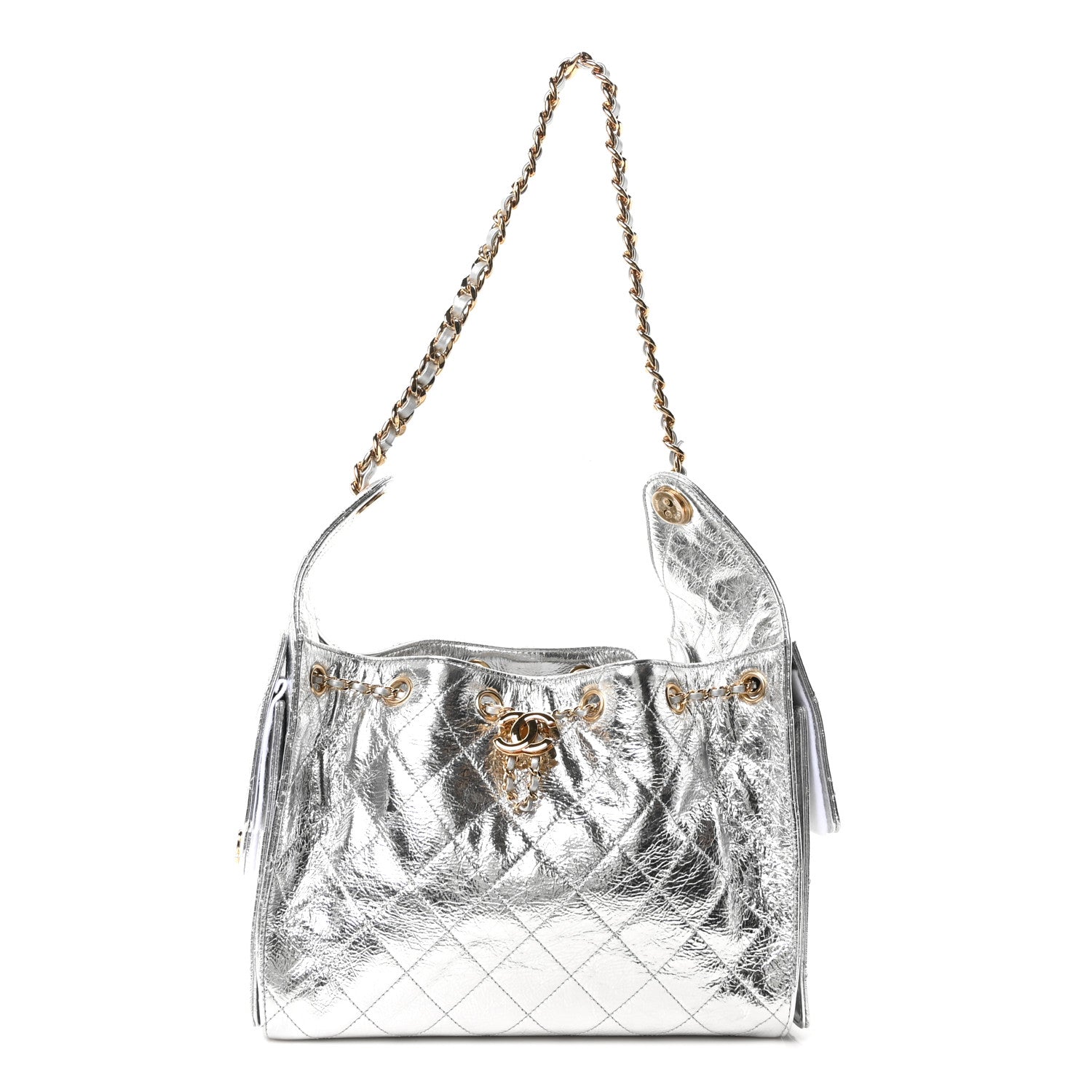 Metallic Aged Calfskin Quilted Small Chanel 25 Handbag Silver