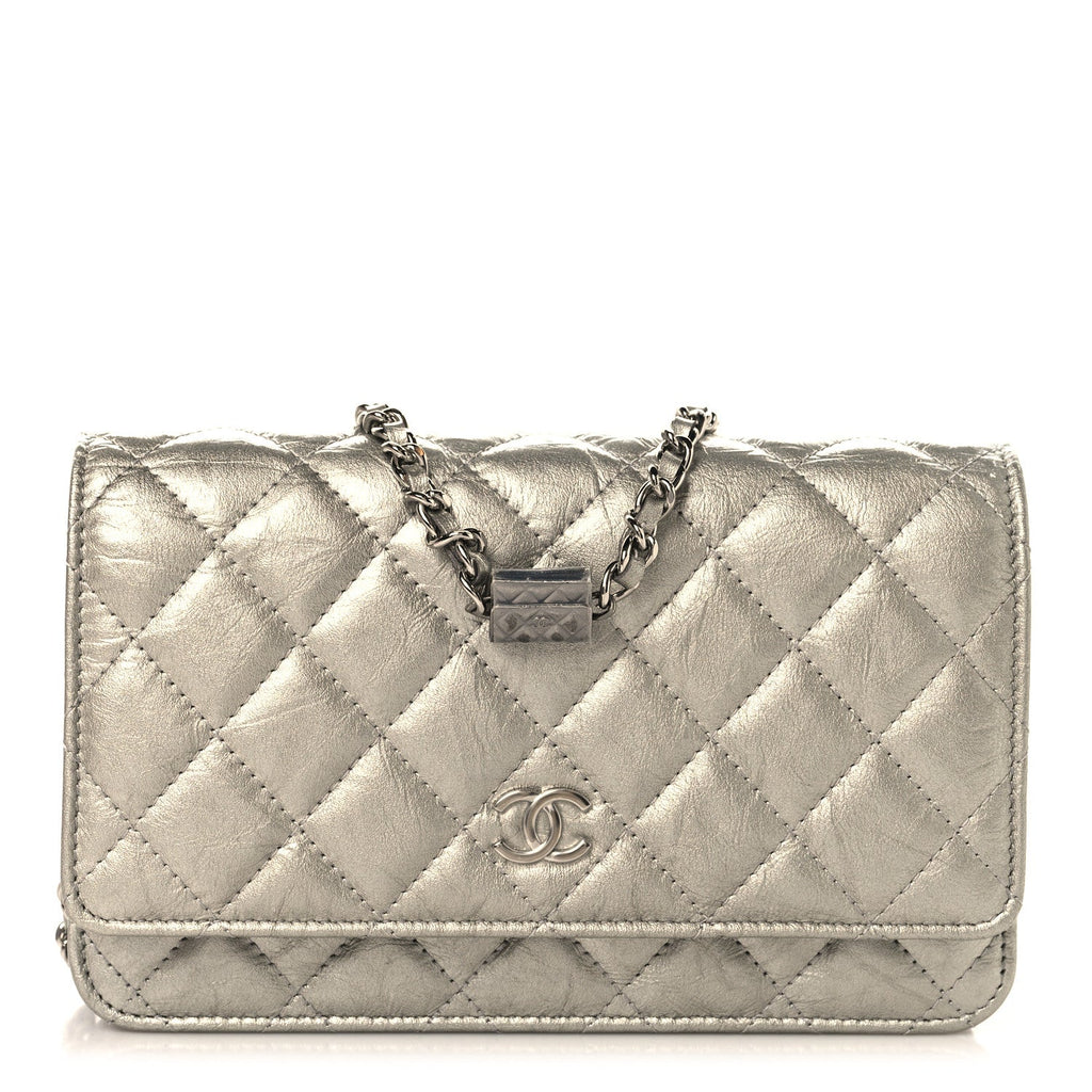 Metallic Crumpled Calfskin Quilted Flap Charm Wallet On Chain WOC Silver