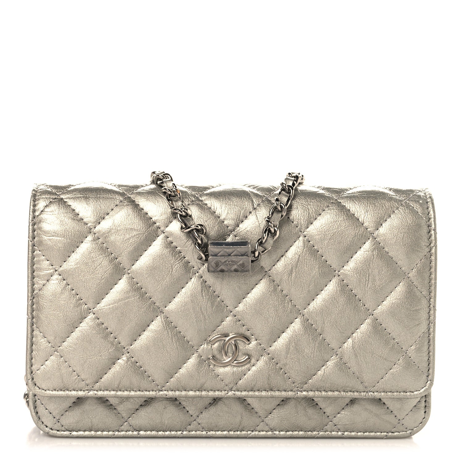 Metallic Crumpled Calfskin Quilted Flap Charm Wallet On Chain WOC Silver