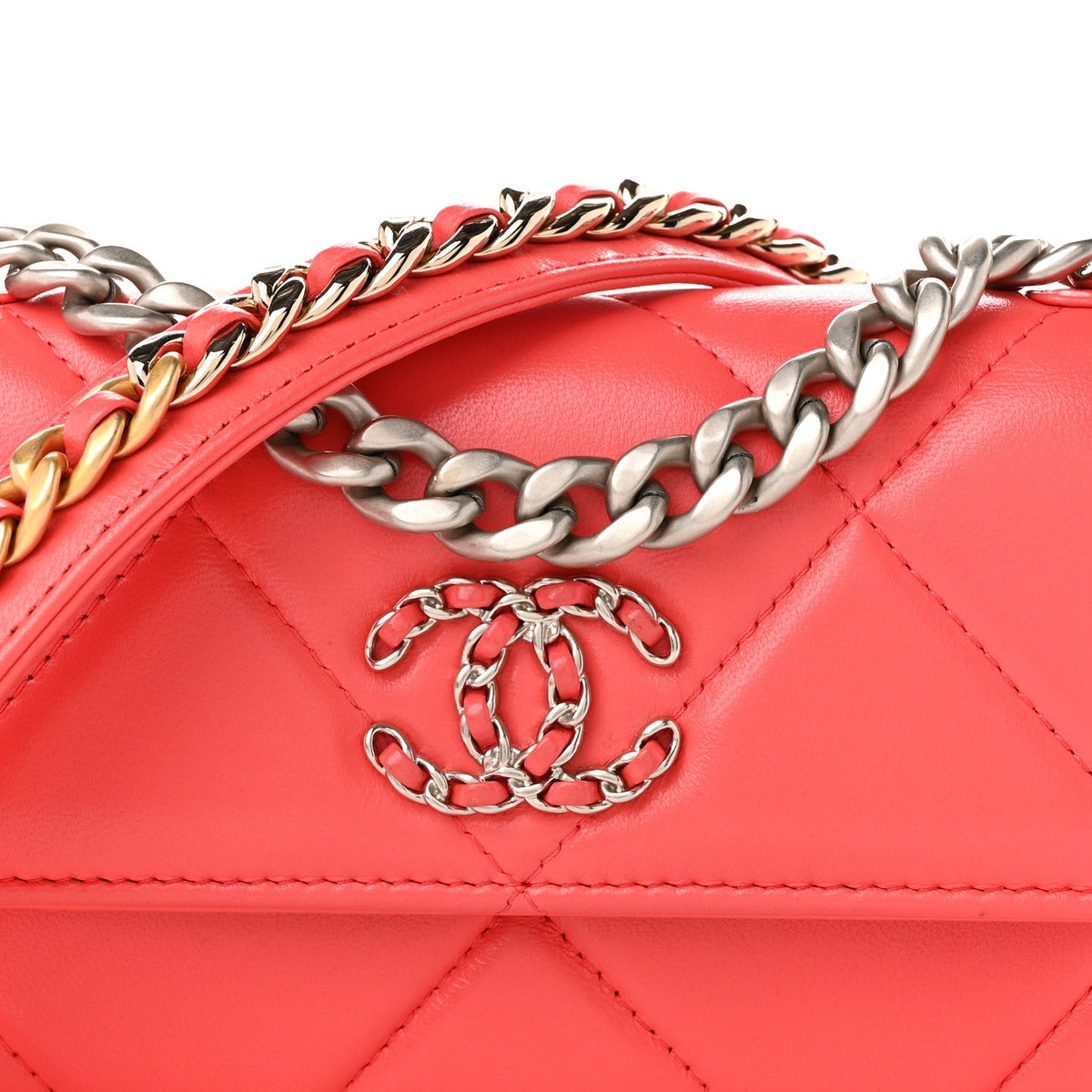 Lambskin Quilted Chanel 19 Flap Phone Holder With Chain Coral