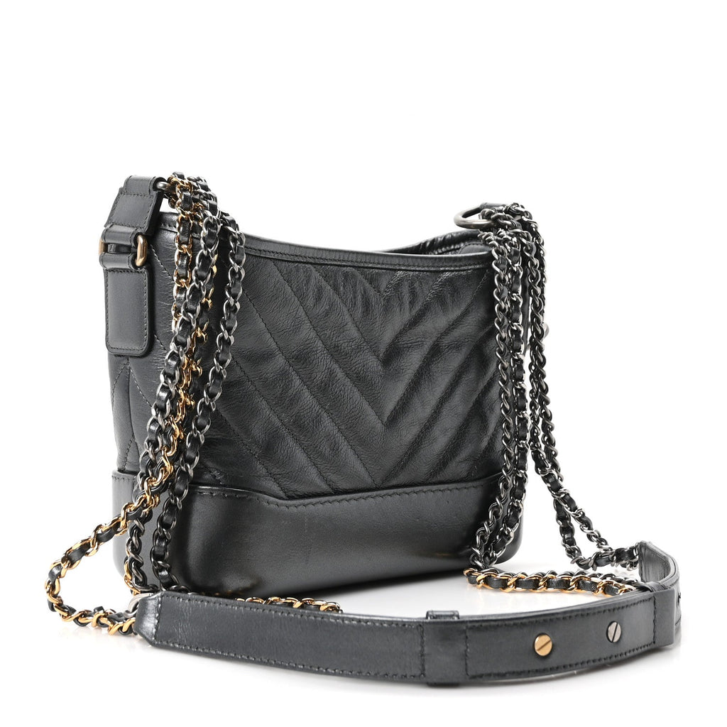 Metallic Aged Calfskin Chevron Quilted Small Gabrielle Hobo Dark Grey
