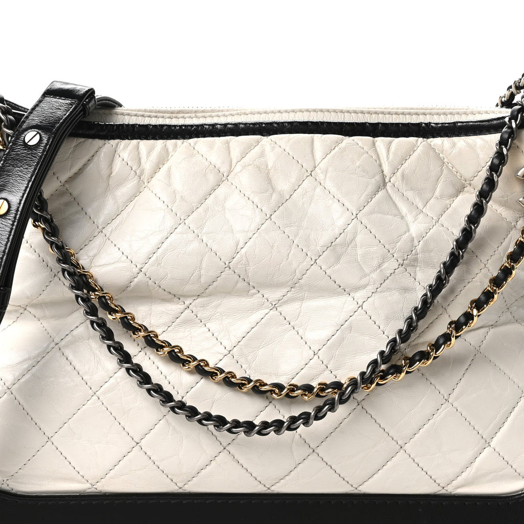 Aged Calfskin Quilted Large Gabrielle Hobo White Black