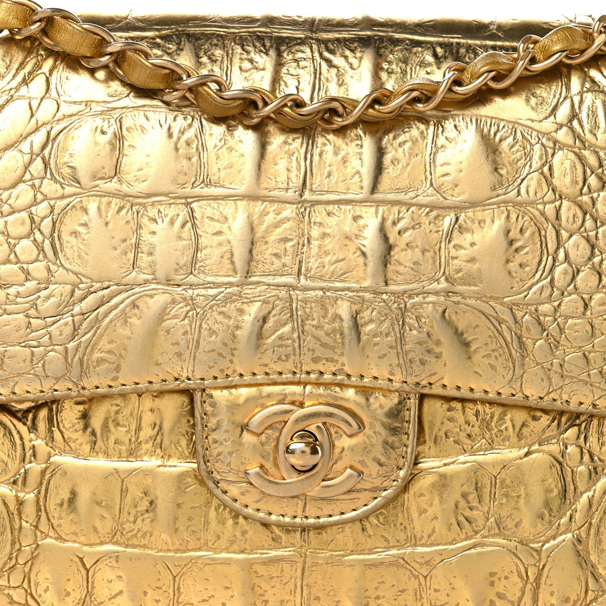 Metallic Calfskin Crocodile Embossed Cocodile Medium Double Flap Gold