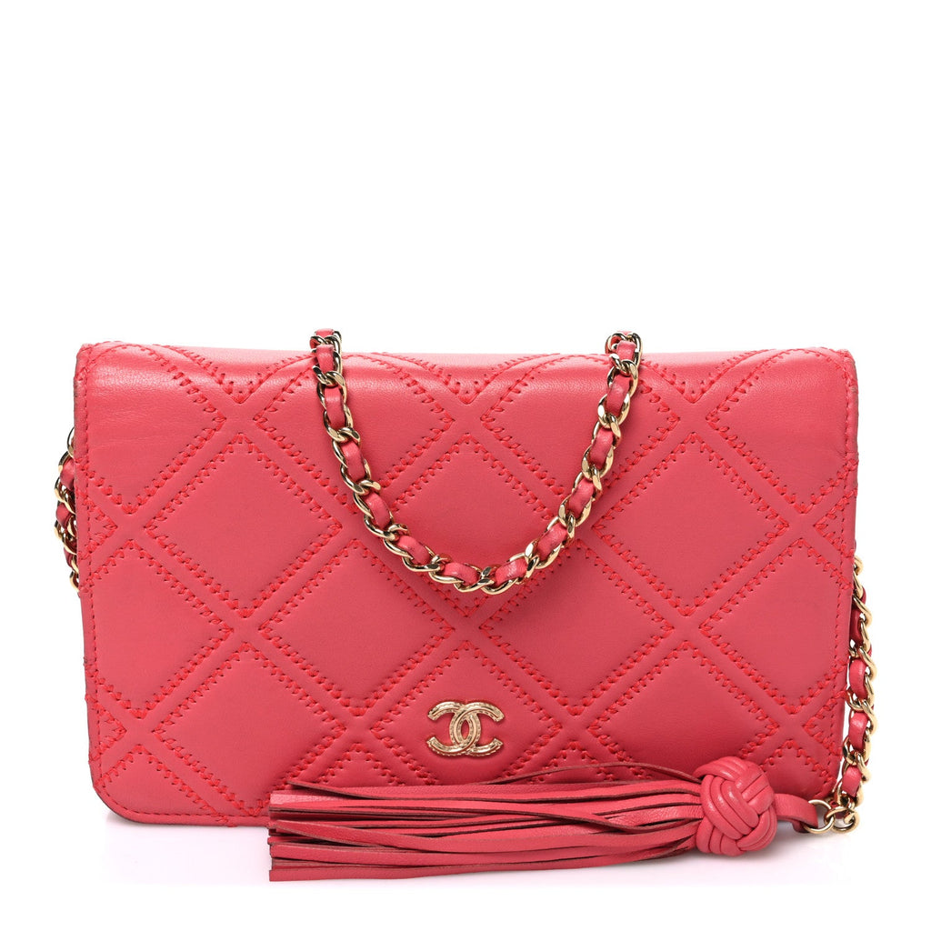 Lambskin Quilted Double Stitch Tassel Wallet On Chain WOC Pink