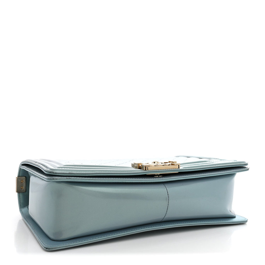 Iridescent Glazed Calfskin Quilted New Medium Boy Flap Light Blue