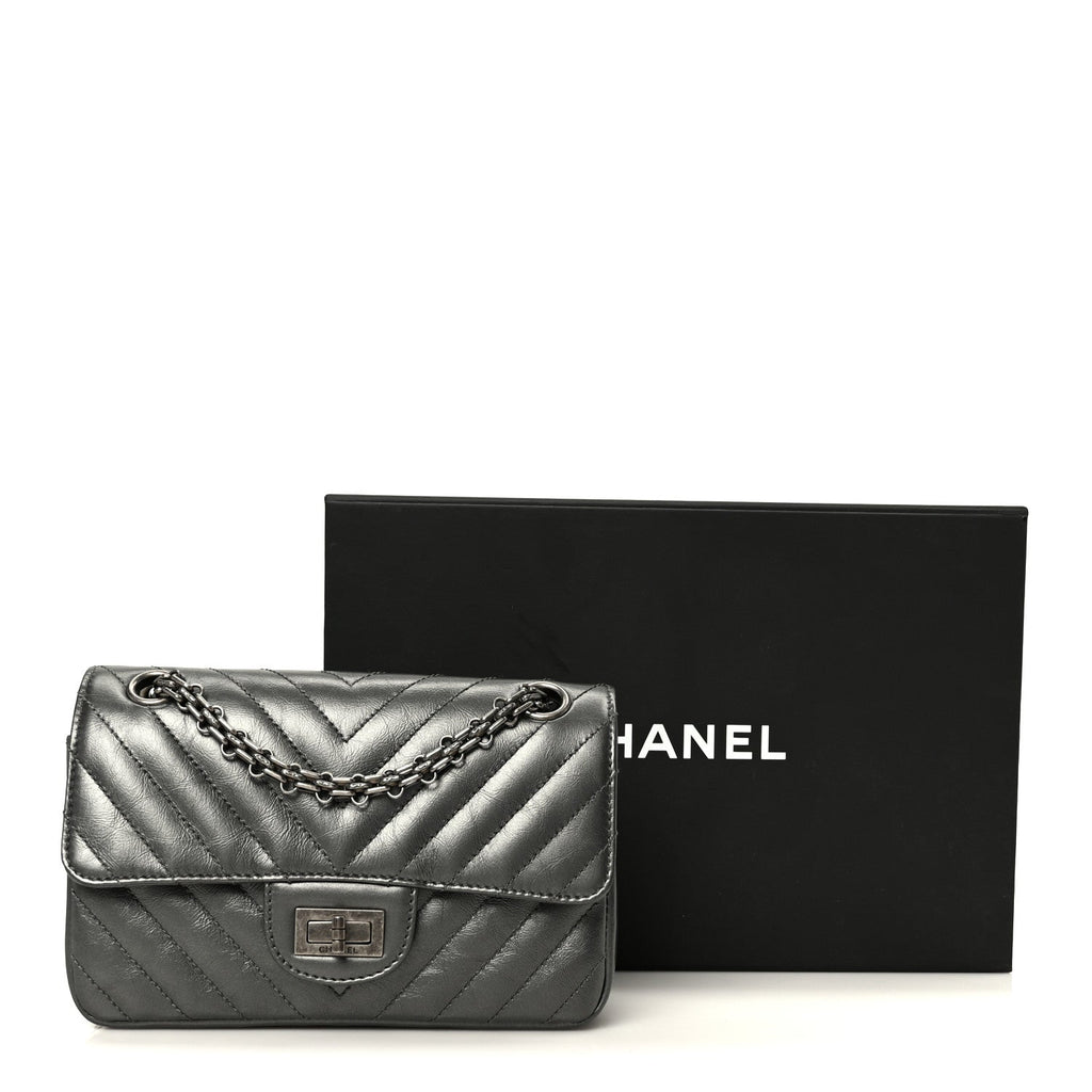 Metallic Aged Calfskin Chevron Quilted 2.55 Reissue Mini Flap Grey