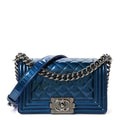 Metallic Patent Calfskin Quilted Small Boy Flap Blue