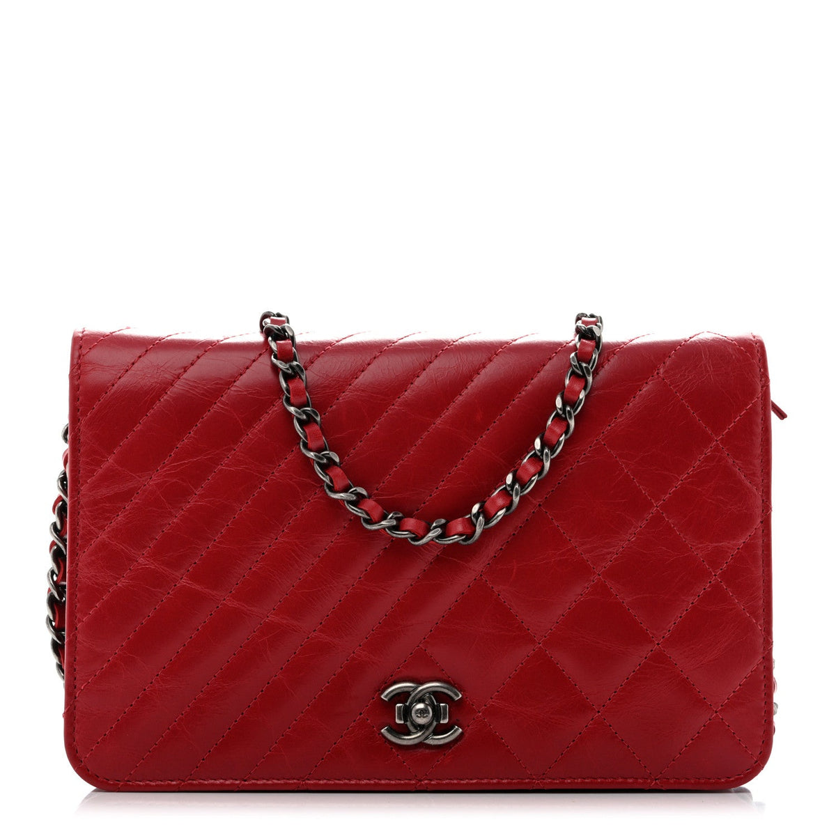 Glazed Calfskin Quilted Coco Boy Wallet On Chain WOC Red