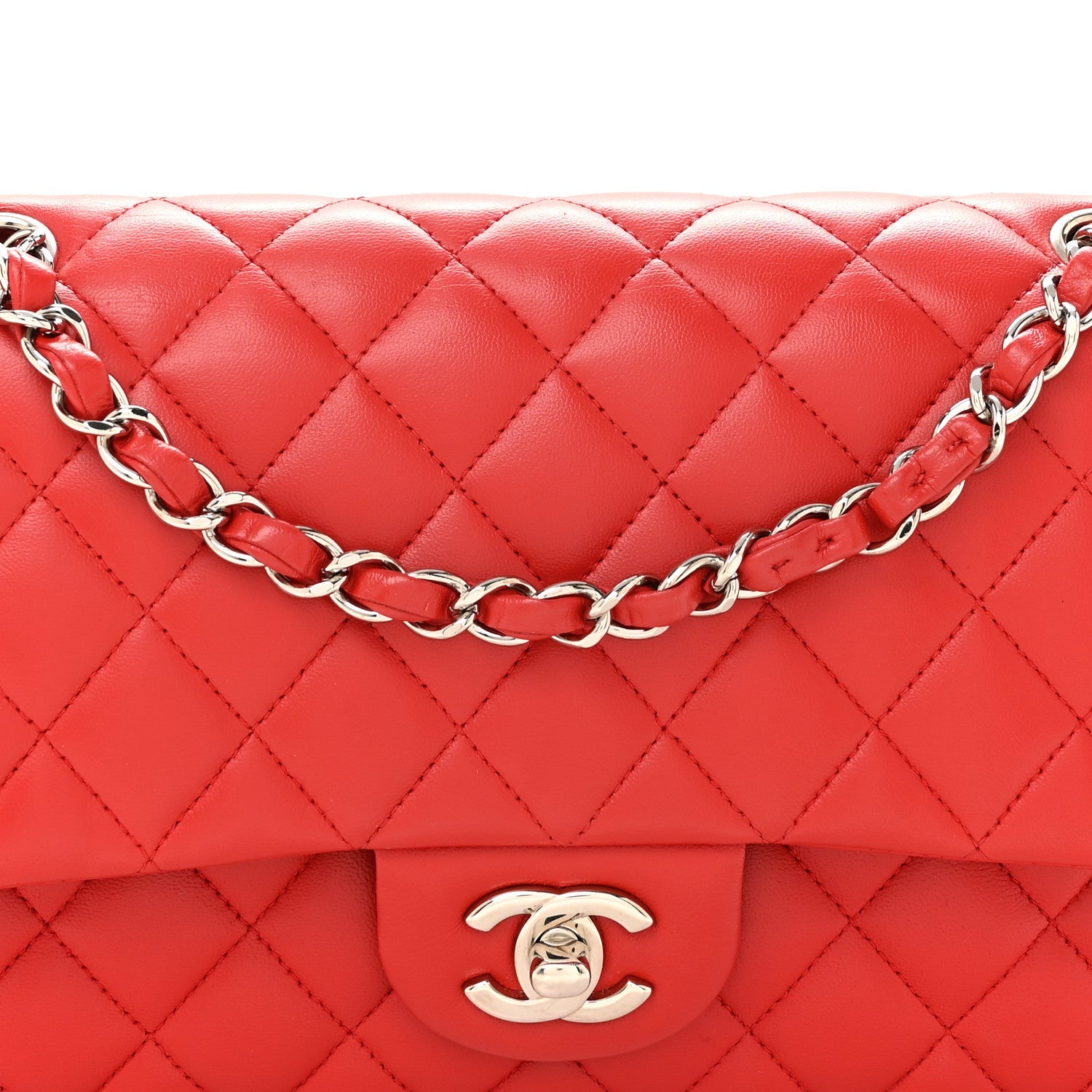 Lambskin Quilted Medium Double Flap Red