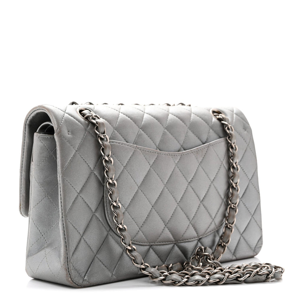 Metallic Lambskin Quilted Medium Double Flap Silver