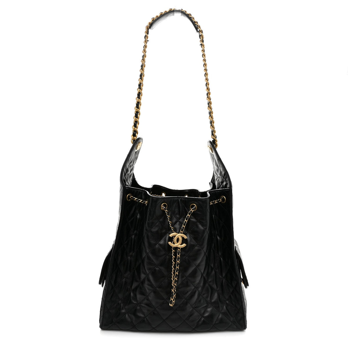 Shiny Crumpled Calfskin Quilted Medium Chanel 25 Handbag Black