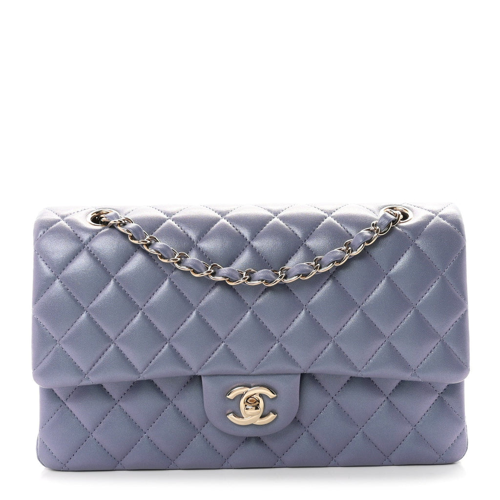 Iridescent Lambskin Quilted Medium Double Flap Light Purple