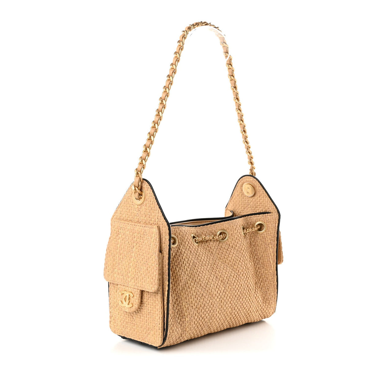 Braided Raffia Calfskin Quilted Mini Chanel 25 Handbag Beige Black