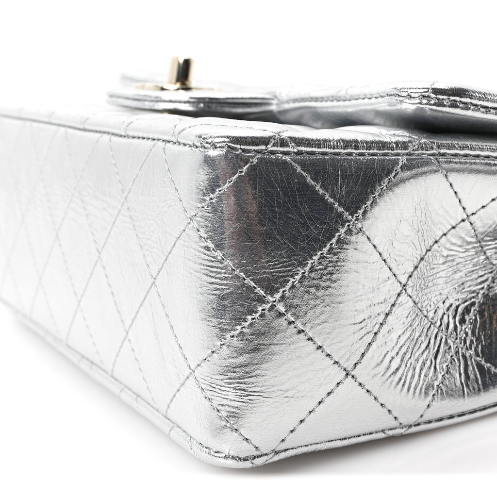Hammered Metallic Calfskin Quilted Small Double Flap Silver